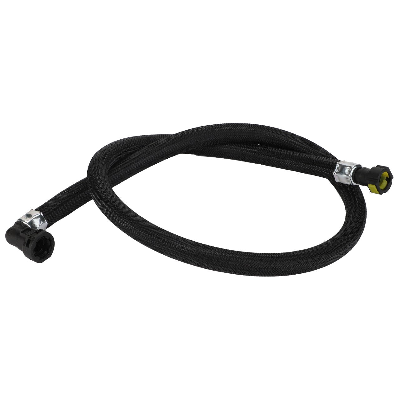 **Product Description:**
Presenting the AGCO Fuel Hose - Acw3628280. This high-quality, black braided hose, branded by AGCO, features metal fittings on both ends and is designed in a coiled circular shape. Further product description information is currently unavailable for this item.