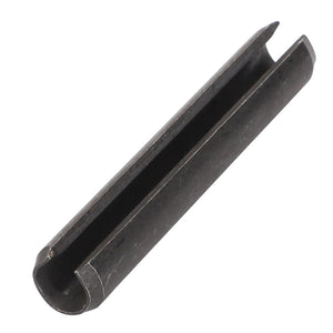 The AGCO Roll Pin - F743300021880 is a black, cylindrical metal pin featuring an open slot running along its length.