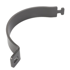 The AGCO Holding Strap Ring - Acw1170350 is a black metal clamp with a curved shape and a hook on one end, featuring a hole for fastening at the other end. Further product description information is currently unavailable.