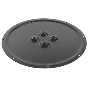 The AGCO | Backing Pad - Fel140310 is a round, black metal cover featuring four raised circular protrusions at its center and small holes neatly arrayed around the edge.