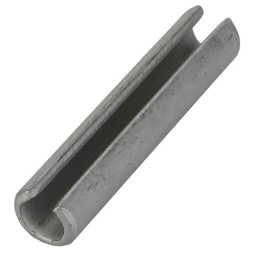 Close-up of the AGCO Roll Pin - Fel107465, a cylindrical metal spring pin with a longitudinal split. No current product description available.