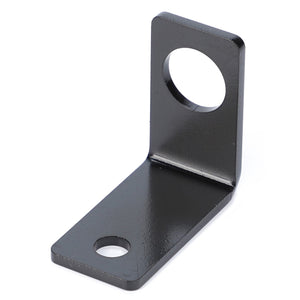 The AGCO Bracket - Acw1434130 is a black L-shaped metal bracket featuring a large circular hole on the vertical side and a smaller hole on the horizontal side. Unfortunately, no detailed product description information is currently available.