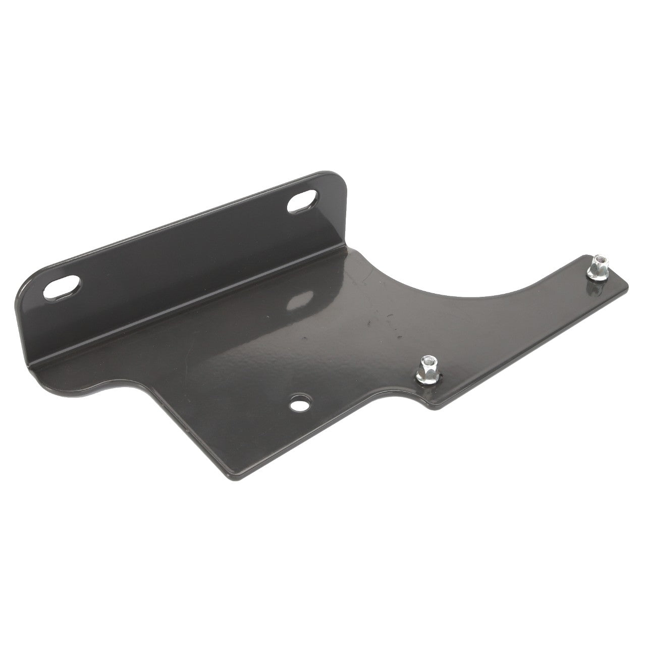 The AGCO | Bracket - Acw1748620 is a black metal mounting bracket featuring three screws and two oval mounting holes, designed for versatile installation. No current product description information is available from the brand AGCO.