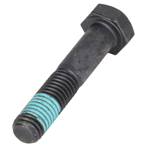 The AGCO Hexagonal Head Bolt (Acw1707270) in black, featuring a partially threaded shaft and blue threadlocker near the tip, angled slightly to the right against a white background, is ideal for use in Fendt Models.