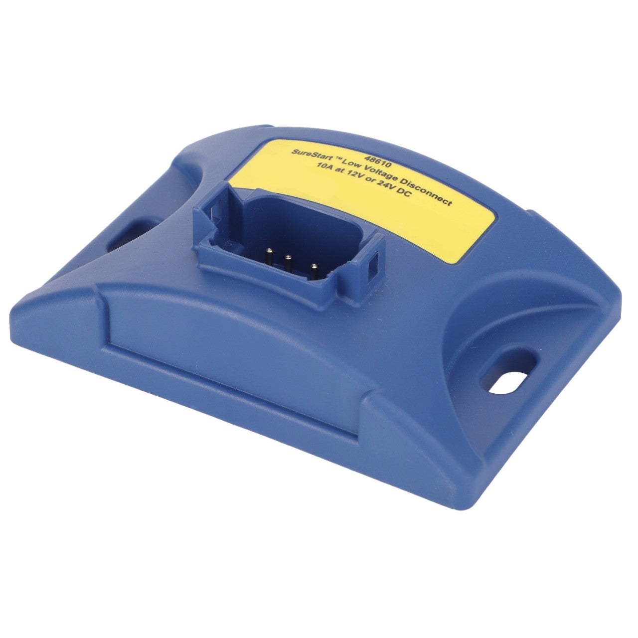 The AGCO Connector, Low Voltage - Acx2572920 is a blue plastic electronic device featuring a rectangular housing and a label on top. It includes a connector port and two mounting holes on either side. Although it is a new addition, there is currently no product description available for this device.