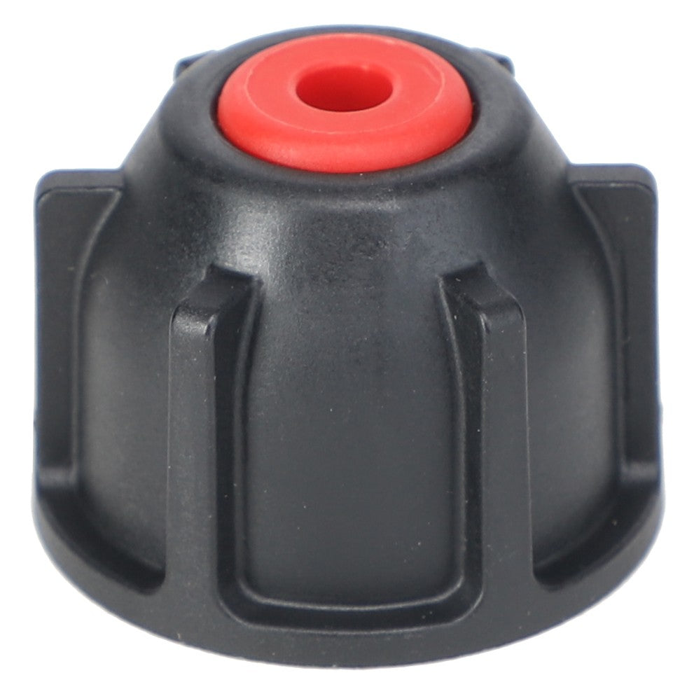 A close-up of a black plastic knob with a red center, featuring vertical ridges for grip around its circumference, similar to the design of an AGCO NOZZLE CAP - AG334226.