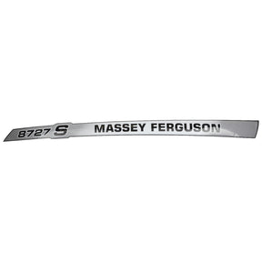 A sleek silver and black decal proudly displaying the text "8727 S Massey Ferguson," perfect for adding a touch of style and personalization to your items, brought to you by AGCO – the Left Hand Decal, model Acw3729600.