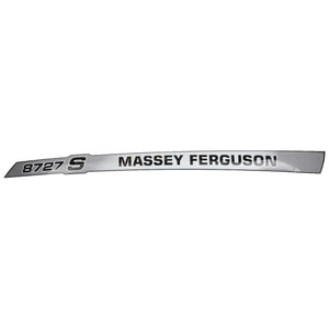 A sleek silver and black decal proudly displaying the text "8727 S Massey Ferguson," perfect for adding a touch of style and personalization to your items, brought to you by AGCO – the Left Hand Decal, model Acw3729600.