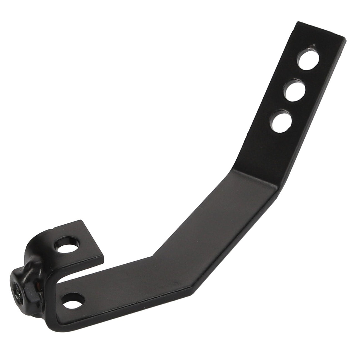 A black, metal mounting bracket with a right-angled bend and three circular holes on its extended arm, known as the AGCO | LEVER - D28981702 by AGCO. No current product description information is available for further details.