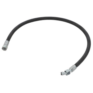 The AGCO | Hydraulic Hose - Acw3354400 is a black, high-performance hydraulic hose featuring abrasion-resistant metal connectors at both ends, which appear to be different from each other.