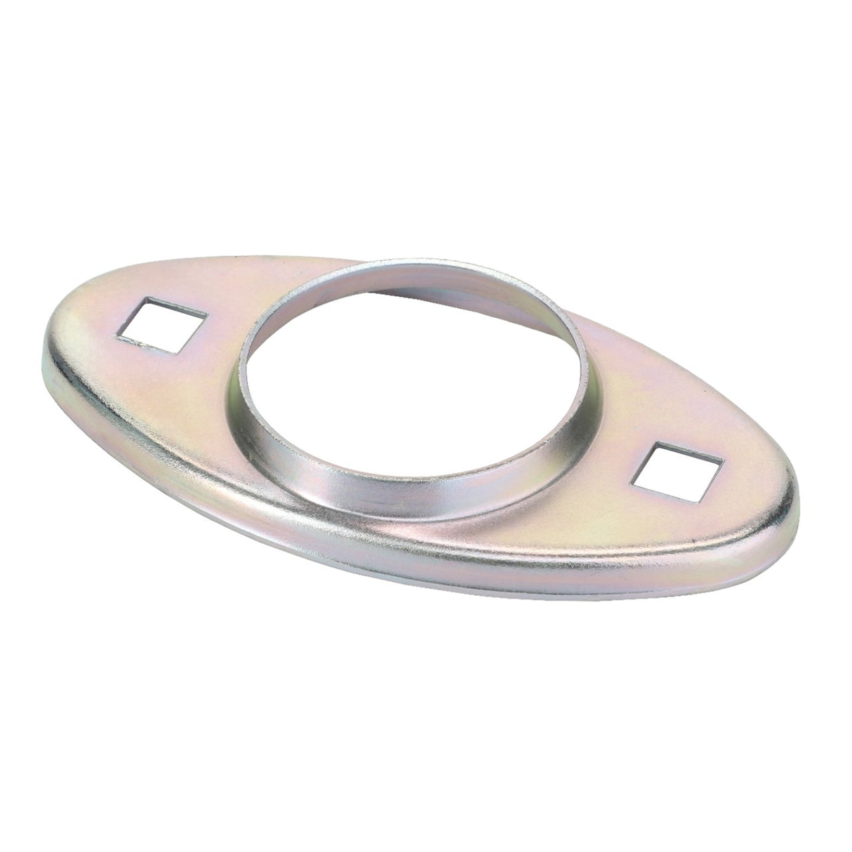 The AGCO | Plate - La320854550 is an oval-shaped metal flange featuring a circular central hole and two square side holes, likely designed for securing or mounting purposes. Note: No current product description is available.