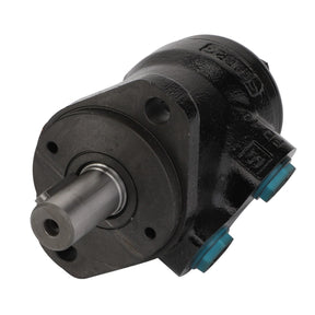 The AGCO Hydraulic Motor - Acx010237A is a black hydraulic motor with a metallic cylindrical shaft and two small blue plugs visible on the right side. No additional product description information is available at this time.