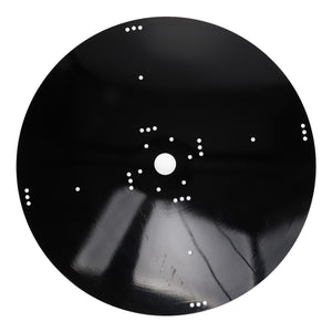 A black circular disc with a central hole and multiple randomly placed small white dots on its surface. Product Name: AGCO | DISTRIBUTION DISC, LEFT HAND - AG059268 by AGCO. No current product description information available.