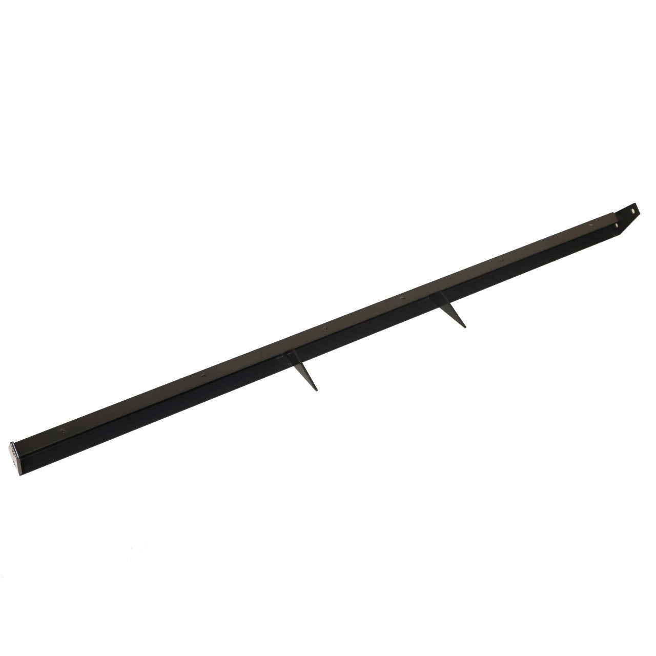 AGCO | STAY - D28480502: Long, rectangular, black metal bar featuring two triangular brackets attached underneath; no current information available about its specific use.