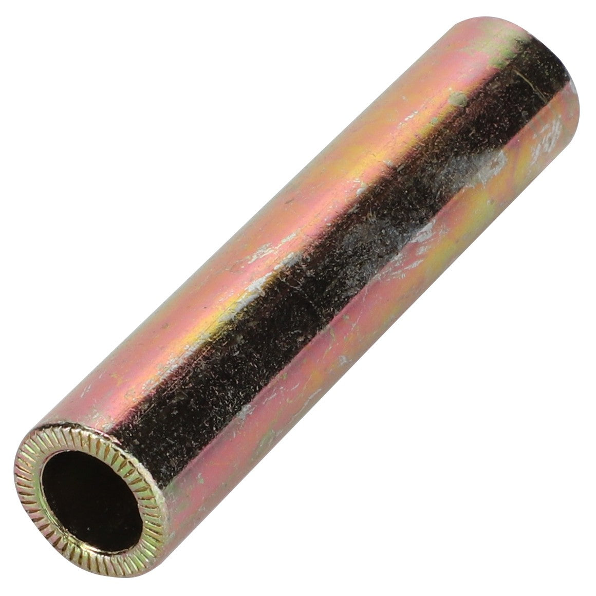 The AGCO | COLLAR - ATV0403-213 is a cylindrical metal tube featuring a shiny, multicolored, reflective surface and a serrated edge. No current product description information is available.