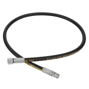 A sleek black hydraulic hose by AGCO, model D45130029, featuring flexible construction, metallic connectors at both ends, and specifications labeled "6.3 mm (1/4)" and "ISO11237/EN857 2SC".