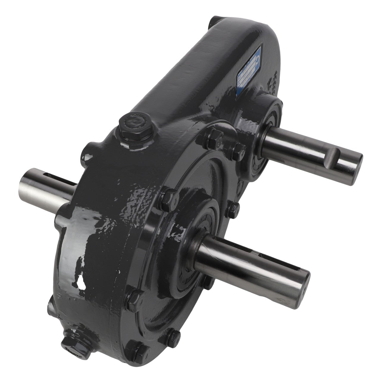 The AGCO | Gearbox - Acw8771300 by AGCO is a durable black industrial gearbox featuring two robust metal shafts extending from either side and multiple bolts firmly securing the casing.