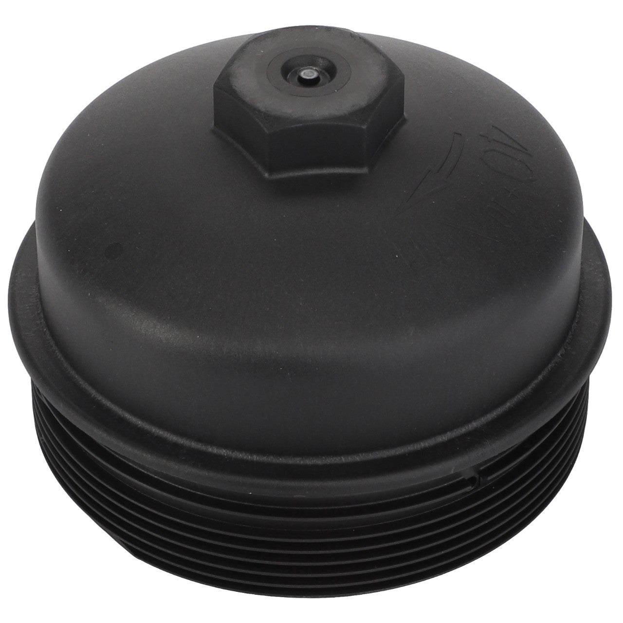 Close-up of the AGCO Cover - F836200060230, a black plastic oil filter cap featuring ribbed edges and a hexagonal fitting on top, compatible with Valtra and Massey Ferguson models.