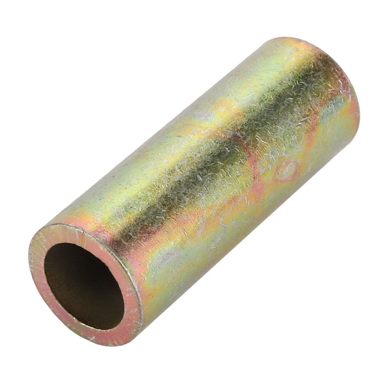 The AGCO Spacer - Acp0028320, a cylindrical metal tube with a reflective, multicolored surface, gleams under the light. One end reveals the open hollow interior.