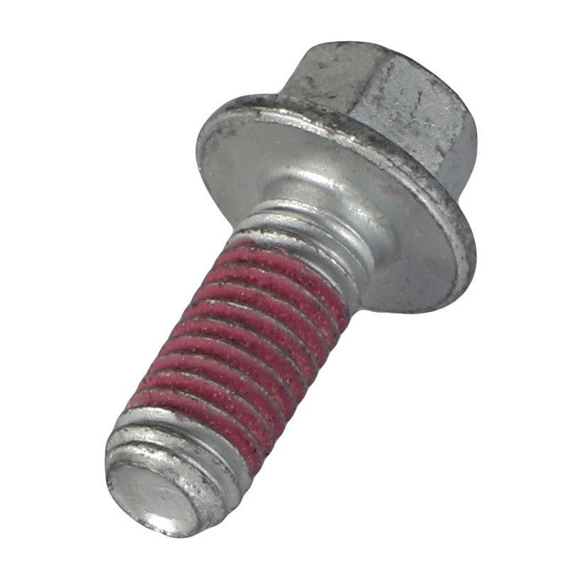 Introducing the AGCO Hexagonal Head Bolt - F716201710430: a silver metal bolt featuring a hex head and a partially threaded shaft, coated with red thread-locking material. No current product description information is available.