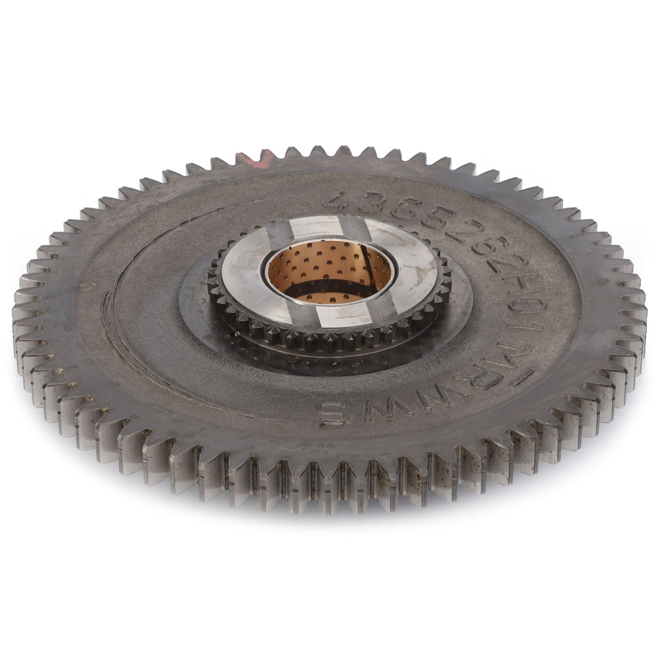 The AGCO Pinion - 4310827M91 is a metallic gear with a circular shape, featuring multiple teeth around its edge and a central hole lined with bronze, essential for enhancing machinery performance.