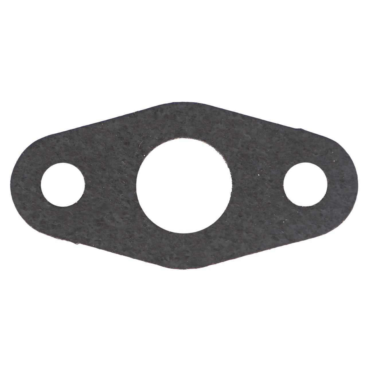 A flat, dark gray AGCO gasket with three holes: a larger central hole flanked by two smaller holes on either side, suitable for Massey Ferguson Models. (Product Name: AGCO | Gasket - 4222881M1)