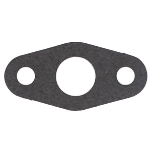 A flat, dark gray AGCO gasket with three holes: a larger central hole flanked by two smaller holes on either side, suitable for Massey Ferguson Models. (Product Name: AGCO | Gasket - 4222881M1)