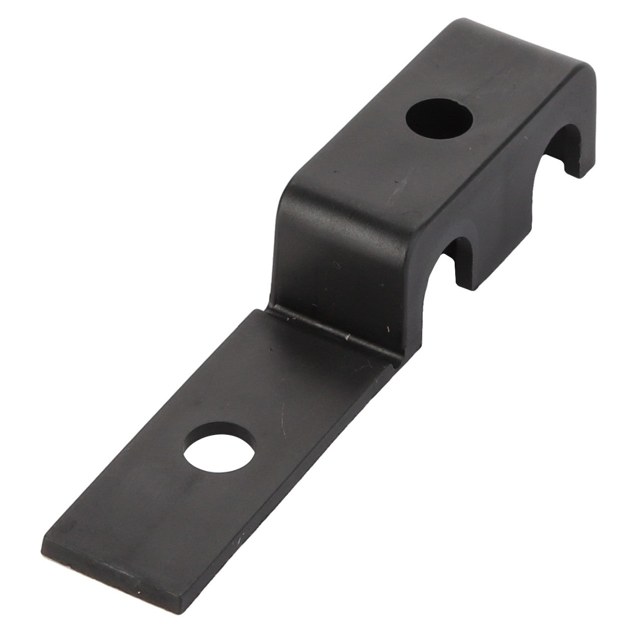 The AGCO Clamp - Acw3852700 is a black metallic bracket featuring two holes—one at the flat end and another on the elevated section—designed for mounting or supporting components.