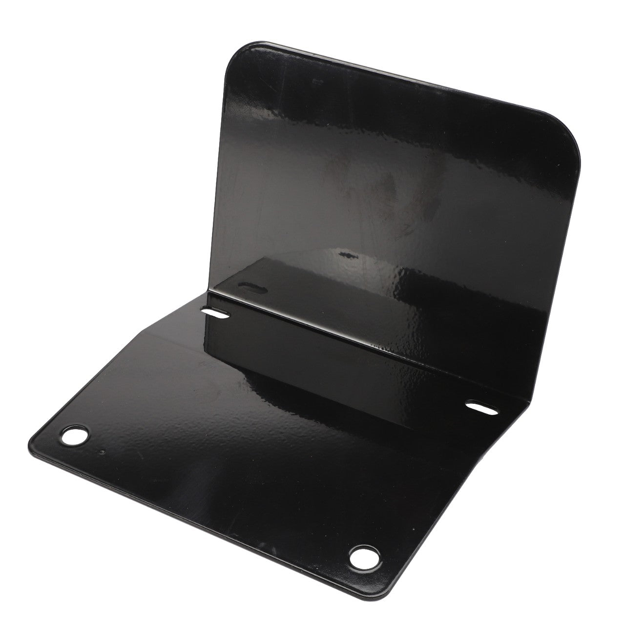 The AGCO DEFLECTOR - D46150443 is a sleek L-shaped black metal bracket with a glossy finish, featuring two precisely drilled mounting holes on each flat surface.