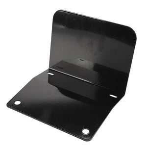 The AGCO DEFLECTOR - D46150443 is a sleek L-shaped black metal bracket with a glossy finish, featuring two precisely drilled mounting holes on each flat surface.