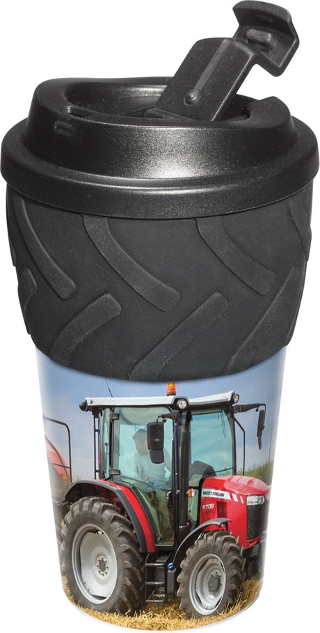 Travel mug with a red tractor design on a white background