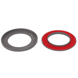 The product "AGCO | Seal, Filler - D41679900" by AGCO includes two washer-like components: one is a plain dark metal ring, and the other features a red felt inner ring encased by a dark metal outer edge. Both are commonly used as genuine seals and gaskets in Massey Ferguson models.