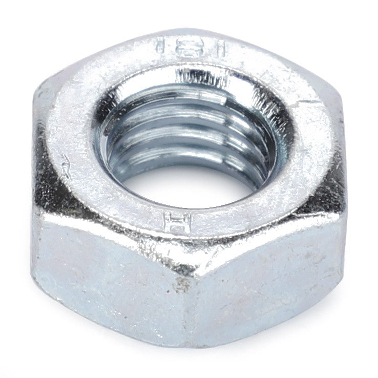 The AGCO Hex Nut - 0907-10-10-00 is a silver, hexagonal metal nut with internal threading, perfect for use in Valtra Models and Massey Ferguson machinery.