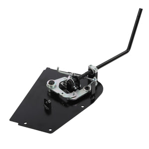 No current product description available for the image of an AGCO | Lever - Acp0250310, a black automotive gear shifter assembly with a mounting plate and a curved metal lever, from the brand AGCO.