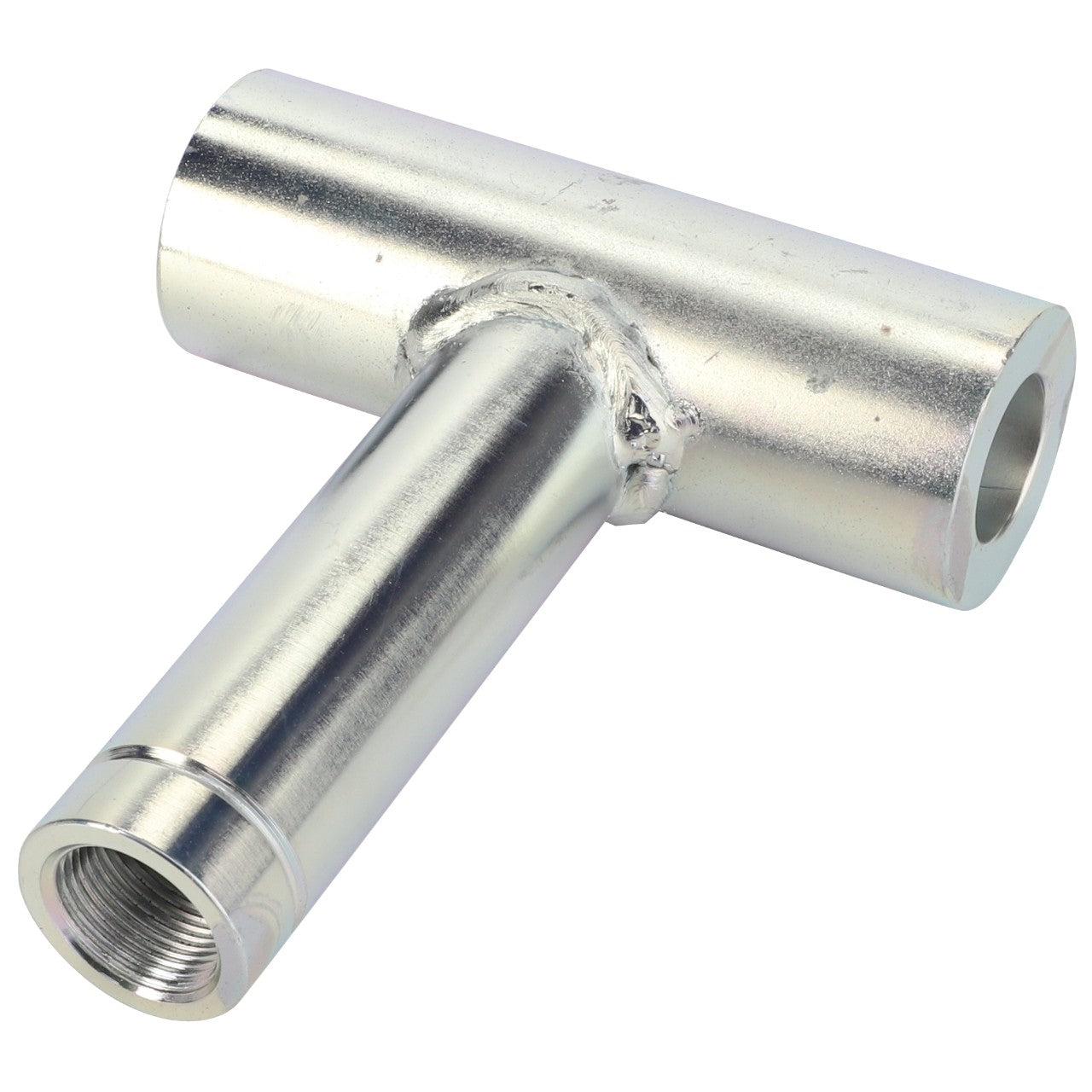 AGCO | BOLT - D28282746 is a T-shaped metal pipe fitting featuring threaded openings on each end and a secure weld at the joint, brought to you by AGCO.