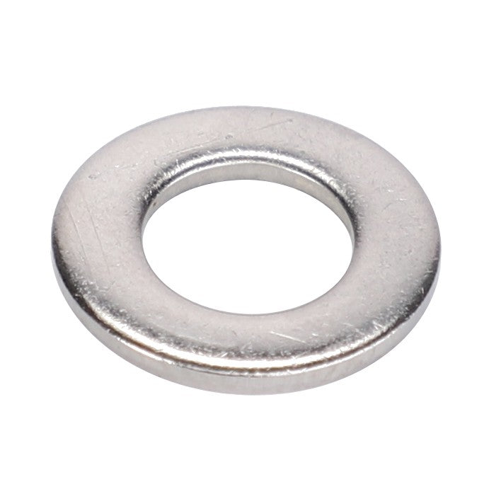 A flat, round metallic washer with a central hole, typically used in conjunction with bolts and nuts to distribute load, known as the AGCO | WASHER - E105318 by AGCO.