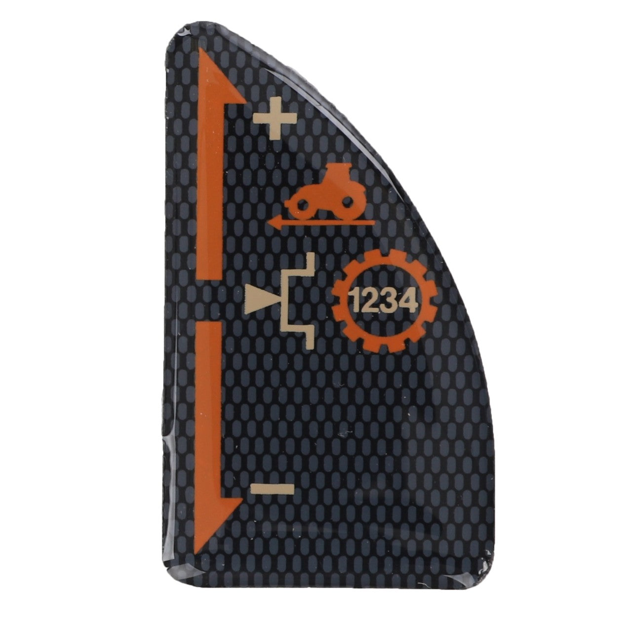 A black, curved control button with orange and white symbols, featuring a plus, minus, gear, rollerblade icon, and the number 1234—perfect for various Valtra models. This is the AGCO Decal - 4280223M1 from the renowned brand AGCO.