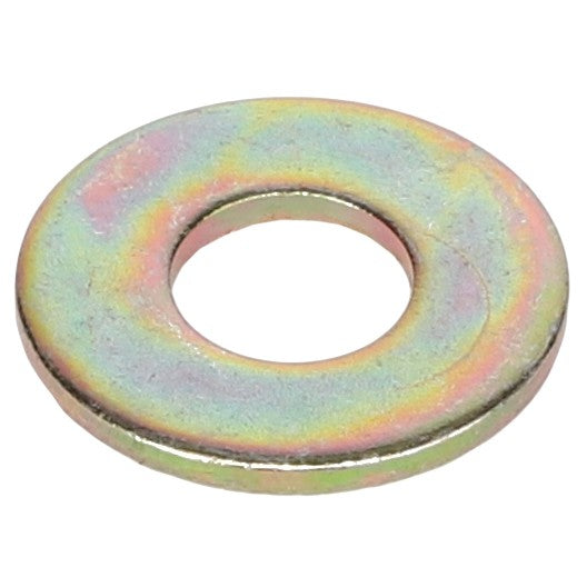 A close-up image of a metal washer with a reflective, multicolored surface offers no information available regarding its origin. The product is named AGCO | FLAT WASHER - AG550507 and is branded by AGCO.