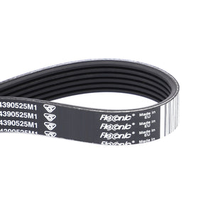 A black AGCO Serpentine Belt, Pk6 Profile with white text indicating "Made in EU" and product code 4390525M1, perfectly suited for Massey Ferguson Models.