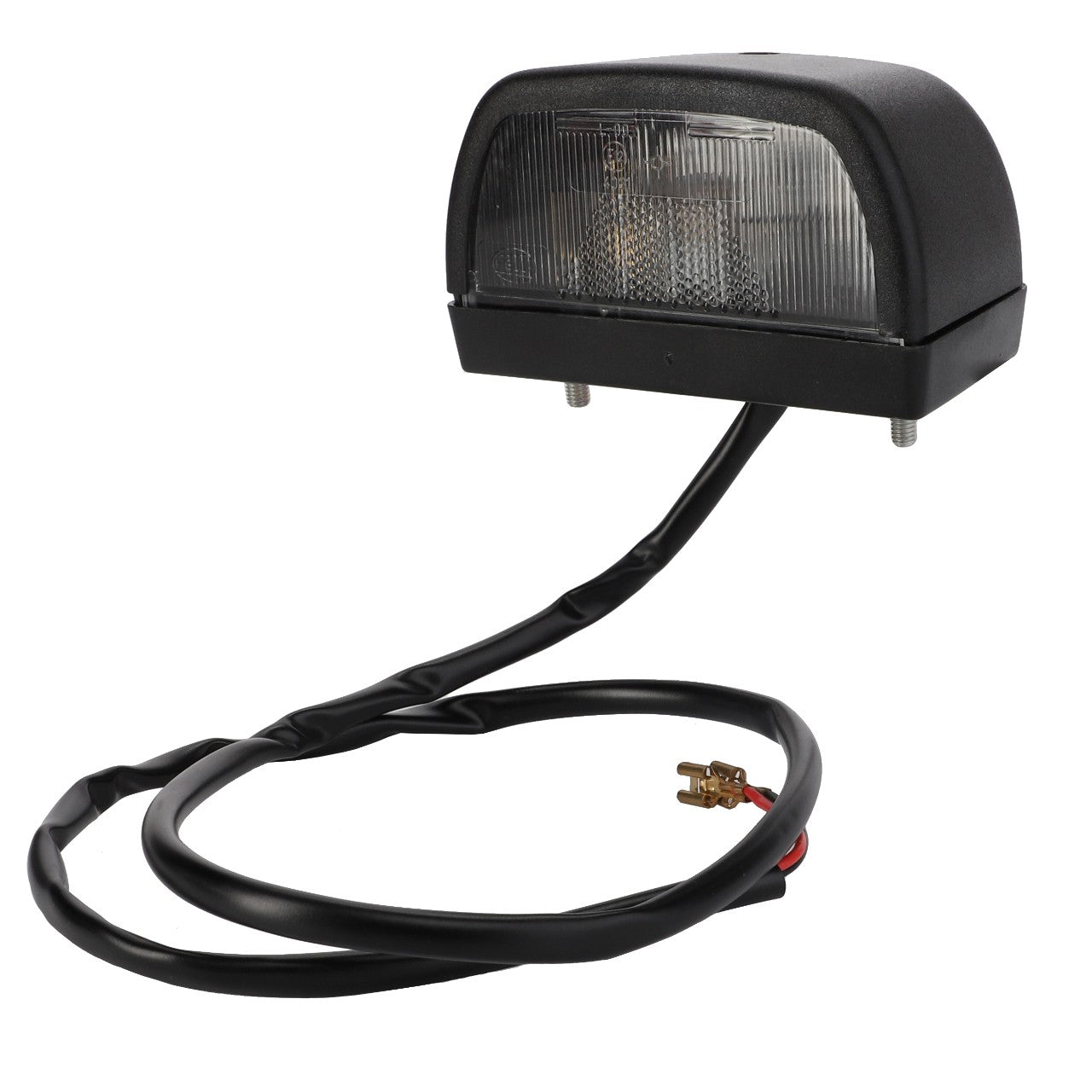 The AGCO Light, License Plate - Acw0412680 is a black rectangular light fixture with a clear lens and an attached black cable terminating in a connector, perfect for use as license plate lights on your tractor.