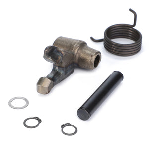 Metal component assembly including a hollow cylindrical piece, a coiled spring, two C-clips, a washer, and an AGCO | Lever, Automatic Clevis, Trailer Hitch - F816500070170.