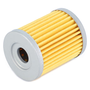 The AGCO Hydraulic Filter Cartridge - ATV3436-005 features yellow pleated paper and gray metal end caps, specifically designed to maximize service-life and efficiency.