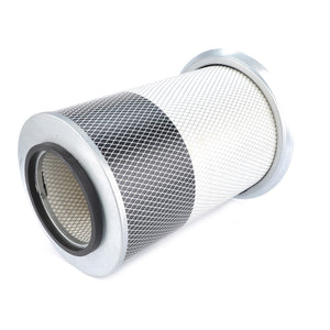 The AGCO Engine Air Filter Cartridge - 3580723M1, a cylindrical metal air filter with a mesh outer layer and pleated inner material, ensures 99.9% filtration efficiency for optimal engine protection.