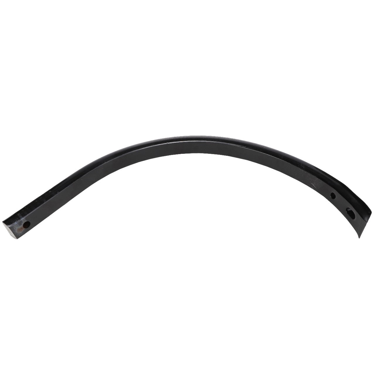 The AGCO | SHANK - E59715 by AGCO is a sleek, curved black metal bracket featuring multiple holes for versatile mounting or fastening.