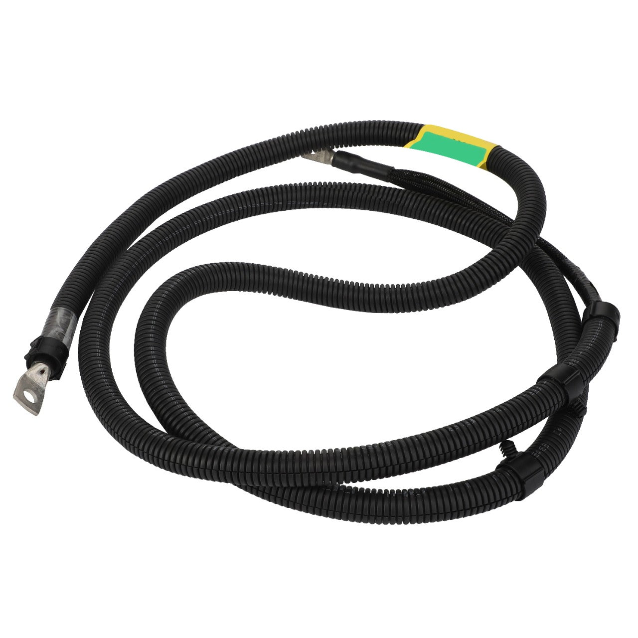 The AGCO Supply Cable - Acw6046400 is a coiled black electrical cable featuring a green and yellow label, and it includes a metal connector on one end.