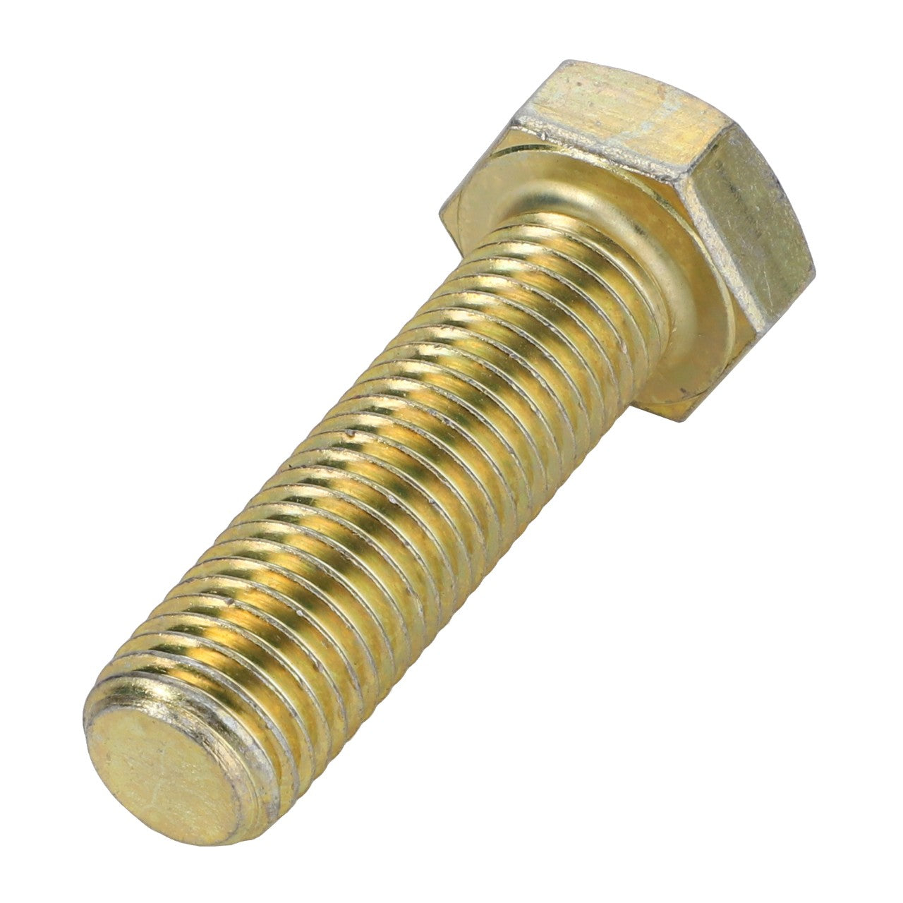 A close-up image of an AGCO BOLT - D46150599, a gold-colored metal hex bolt with a threaded shaft.