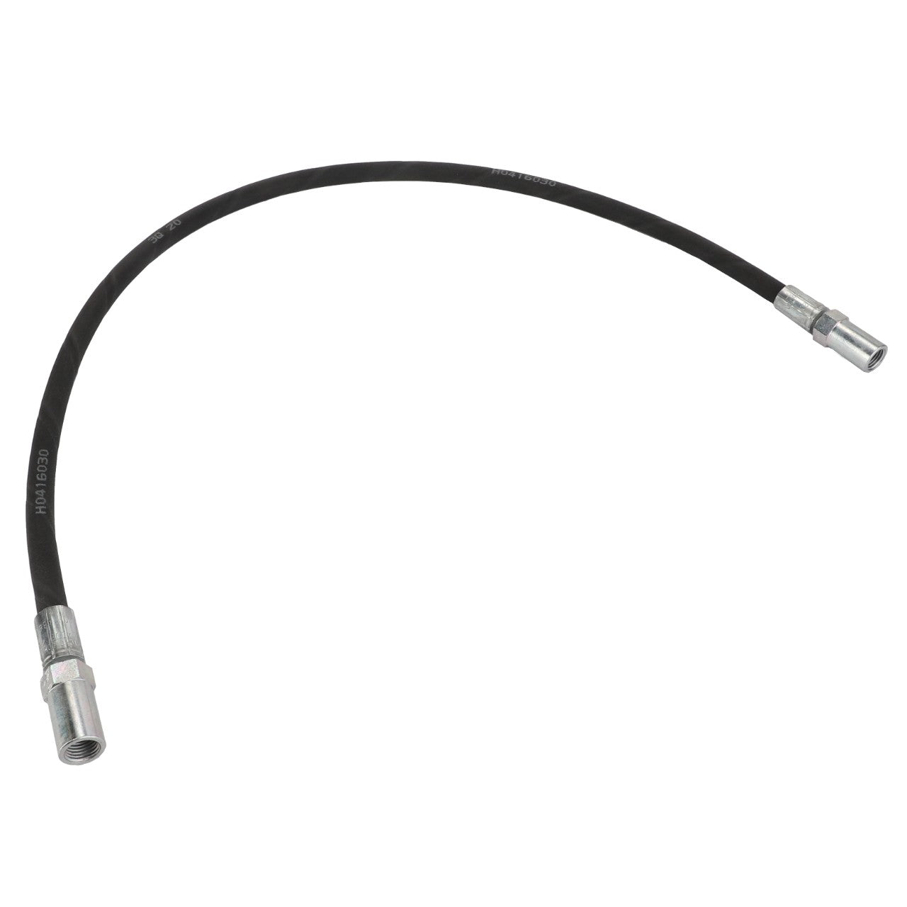 The AGCO | Hose - Acw1986340, a black hydraulic hose with metal fittings on both ends, bent into a slight curve, is isolated on a white background.