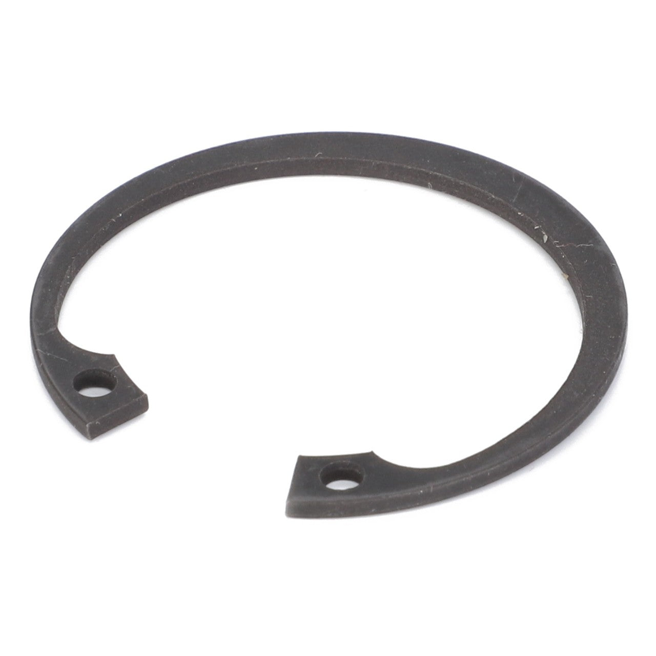 An AGCO | Internal Retaining Ring - 1441240X1, a black metal component featuring two small holes near its ends, exhibits the same precision and durability characteristic of Massey Ferguson machinery, all set against a white background.