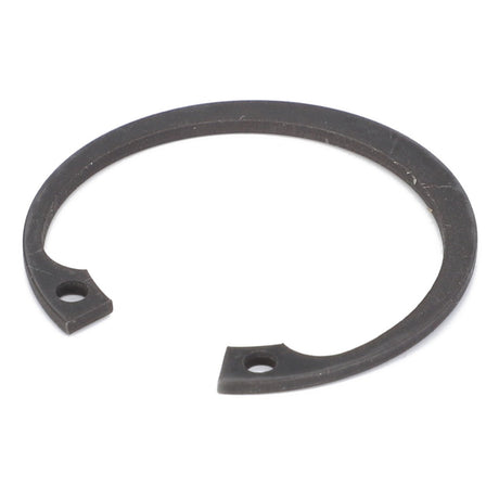 An AGCO | Internal Retaining Ring - 1441240X1, a black metal component featuring two small holes near its ends, exhibits the same precision and durability characteristic of Massey Ferguson machinery, all set against a white background.