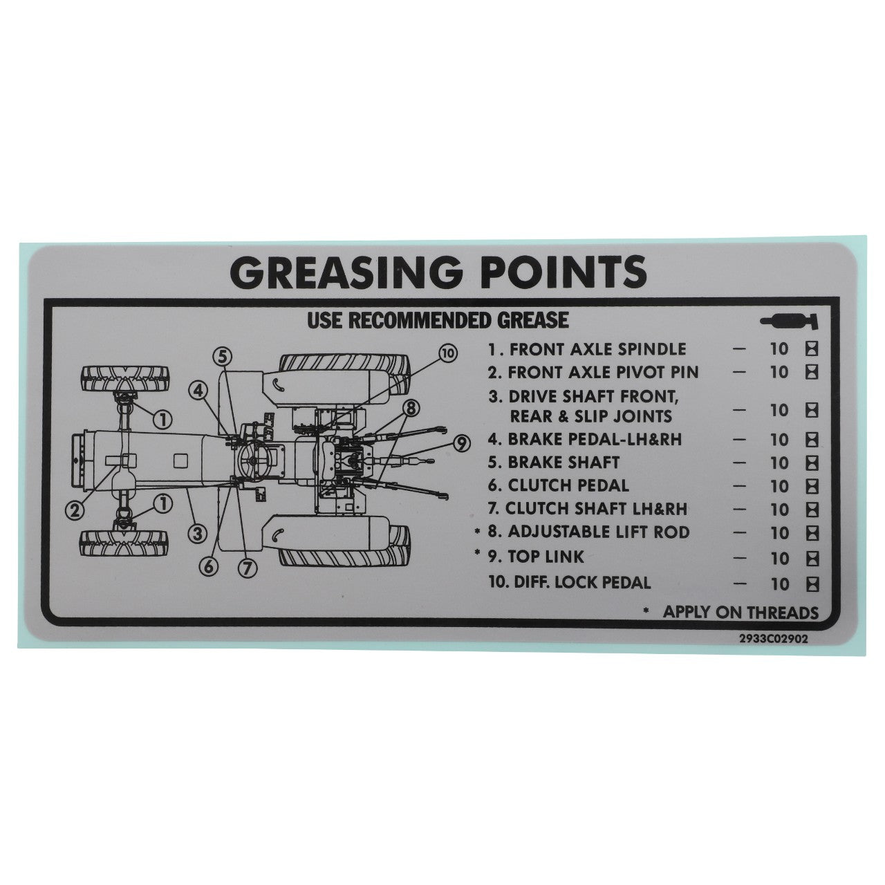 Here is a diagram illustrating the greasing points on a vehicle, featuring a list of 10 parts such as the front axle spindle, brake shaft, clutch pedal, and others. It includes recommended grease application instructions. The product used for these applications is AGCO's Decal, Grease - Acp0369990.